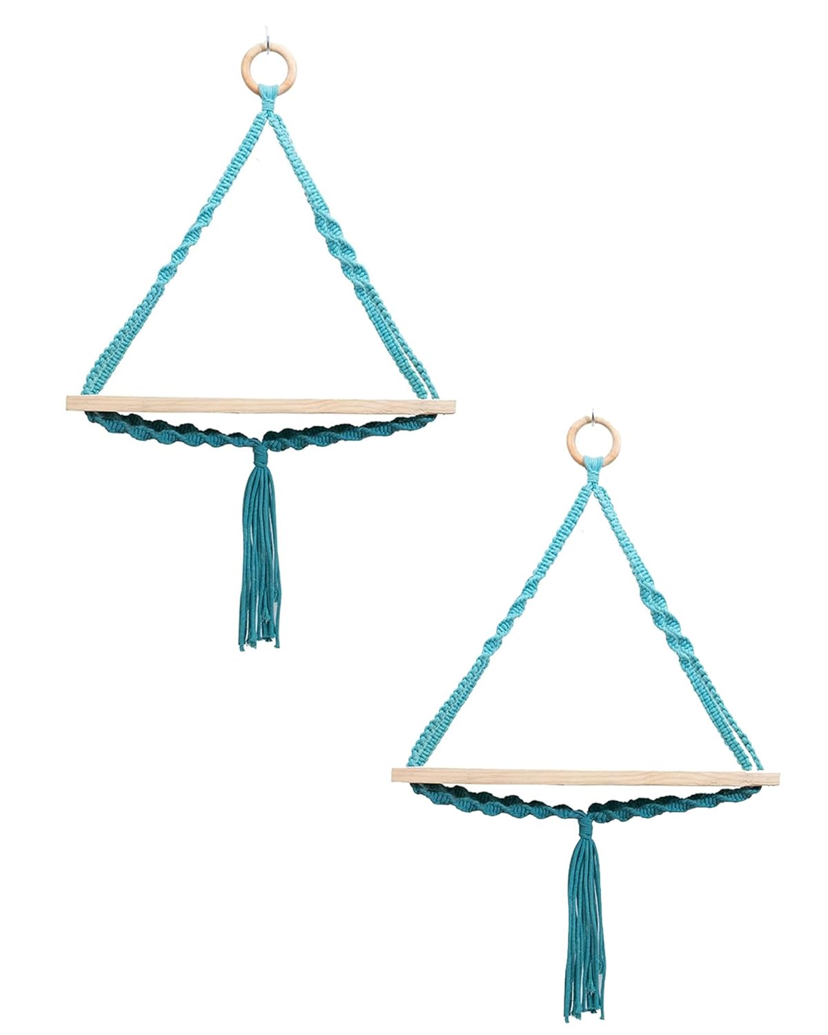 Triangle Rope Hanging Shelves Set of 2, Wood Floating Shelf for Wall Décor Bedroom Bathroom Living Room, Display Shelving for Hanging Plants Photos
