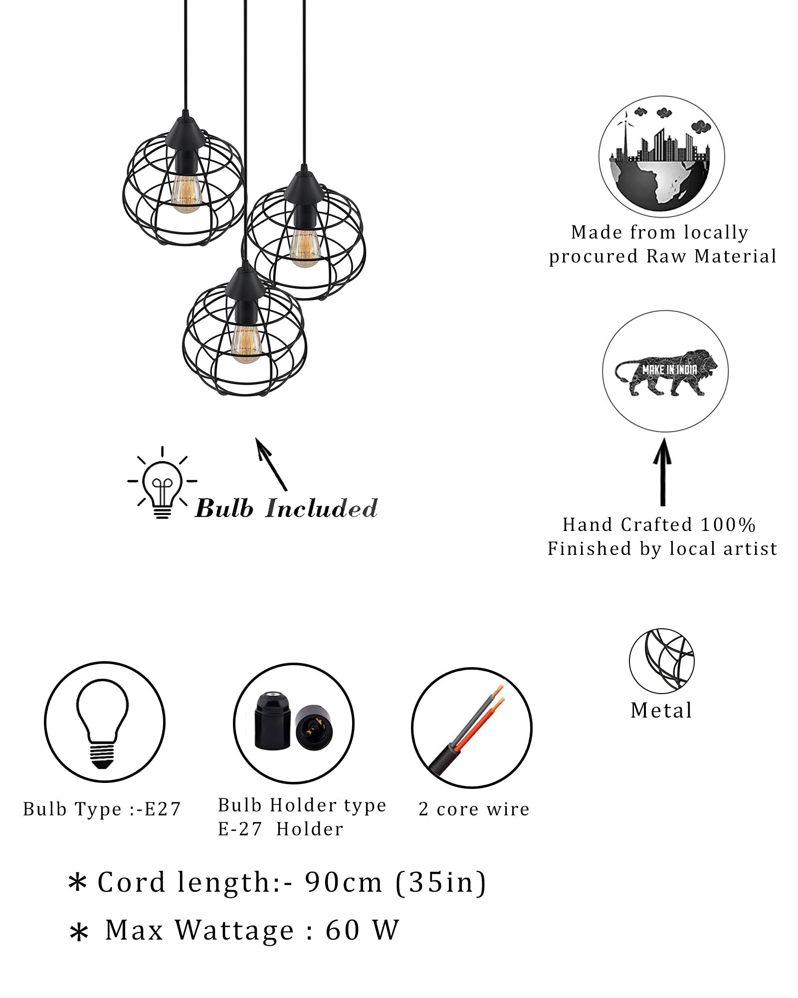 3-Lights Round Cluster Chandelier Hanging Classic Sphere Pendant Light with Braided Cord