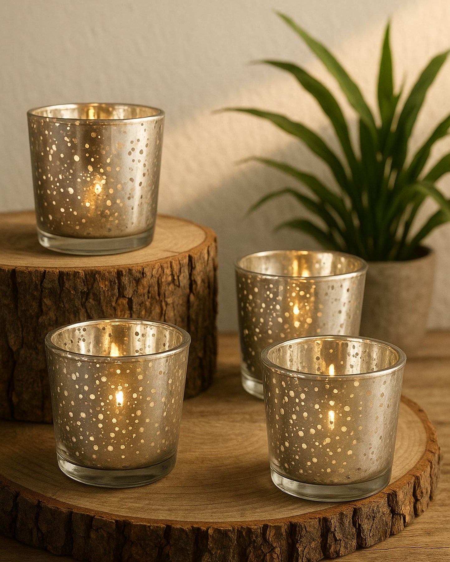 Mercury Silver T-light holder, Glass candle holder stand with free candle, set of 6