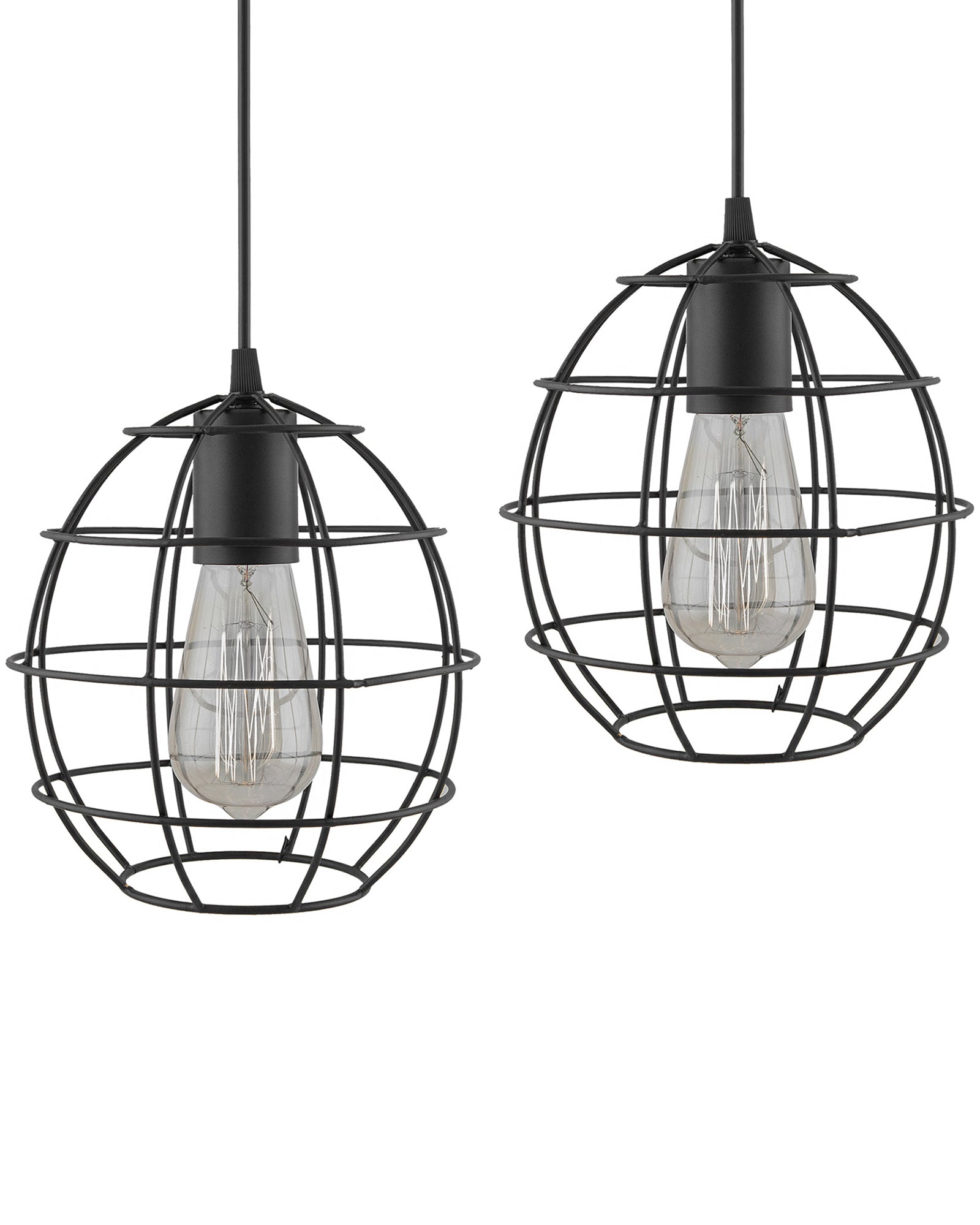 E27 Edison Vintage Black Metal Sphere Hanging Light, Set of 2, Pendant Ceiling Light Lamp