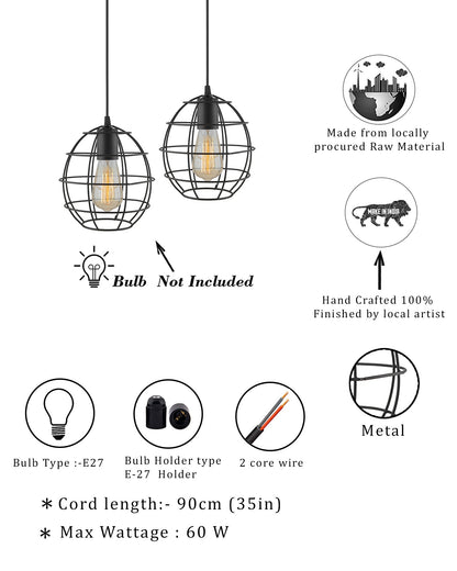 E27 Edison Vintage Black Metal Sphere Hanging Light, Set of 2, Pendant Ceiling Light Lamp