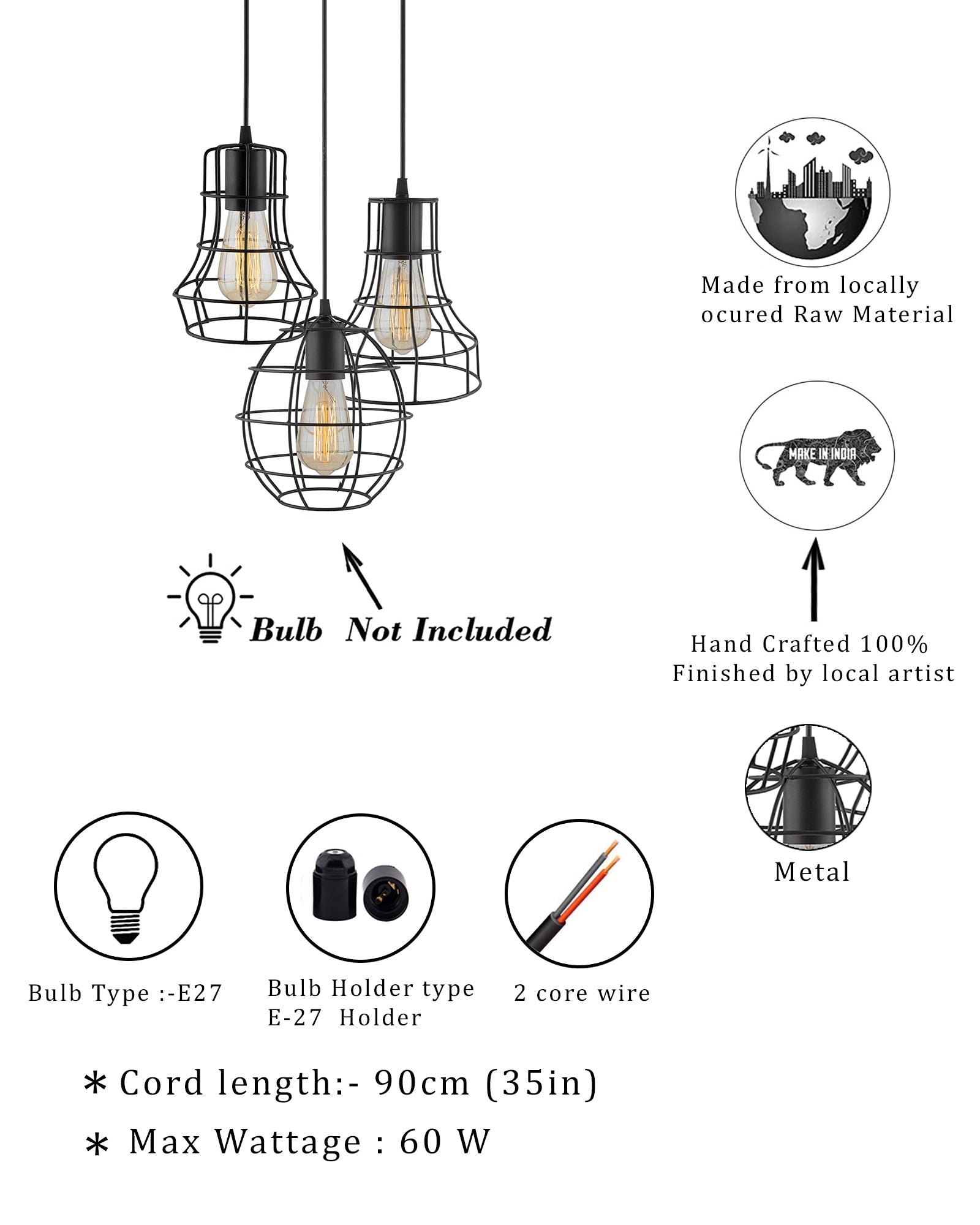 3-lights Round Cluster Chandelier Metal Hanging Pendant Light with Braided Cord, Industrial Retro modern light (Bulb not included)