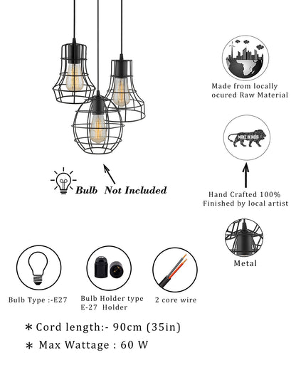 3-lights Round Cluster Chandelier Metal Hanging Pendant Light with Braided Cord, Industrial Retro modern light (Bulb not included)