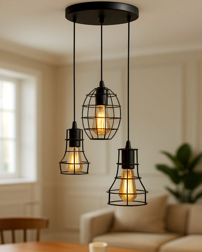 3-lights Round Cluster Chandelier Metal Hanging Pendant Light with Braided Cord, Industrial Retro modern light (Bulb not included)