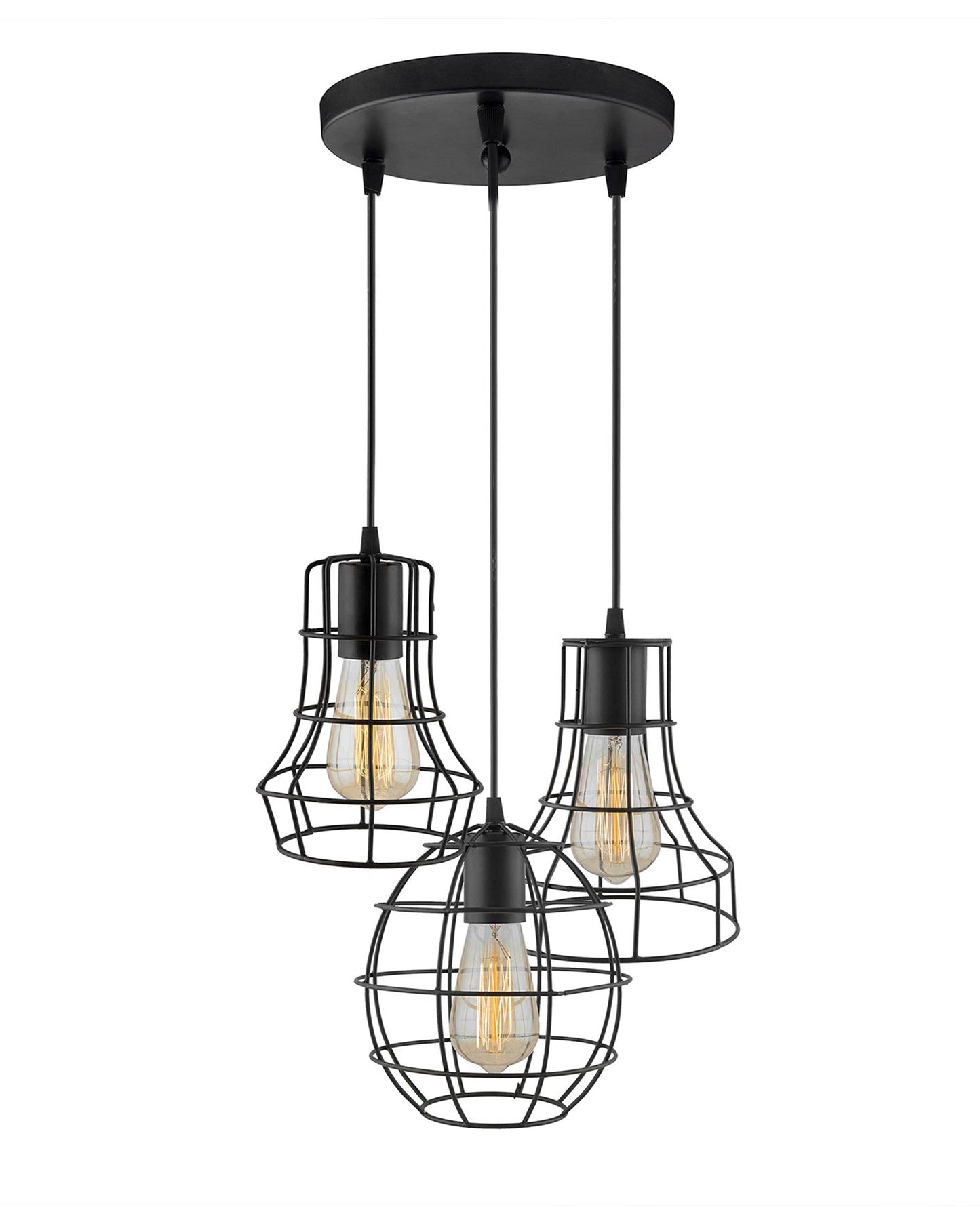 3-lights Round Cluster Chandelier Metal Hanging Pendant Light with Braided Cord, Industrial Retro modern light (Bulb not included)