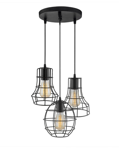 3-lights Round Cluster Chandelier Metal Hanging Pendant Light with Braided Cord, Industrial Retro modern light (Bulb not included)