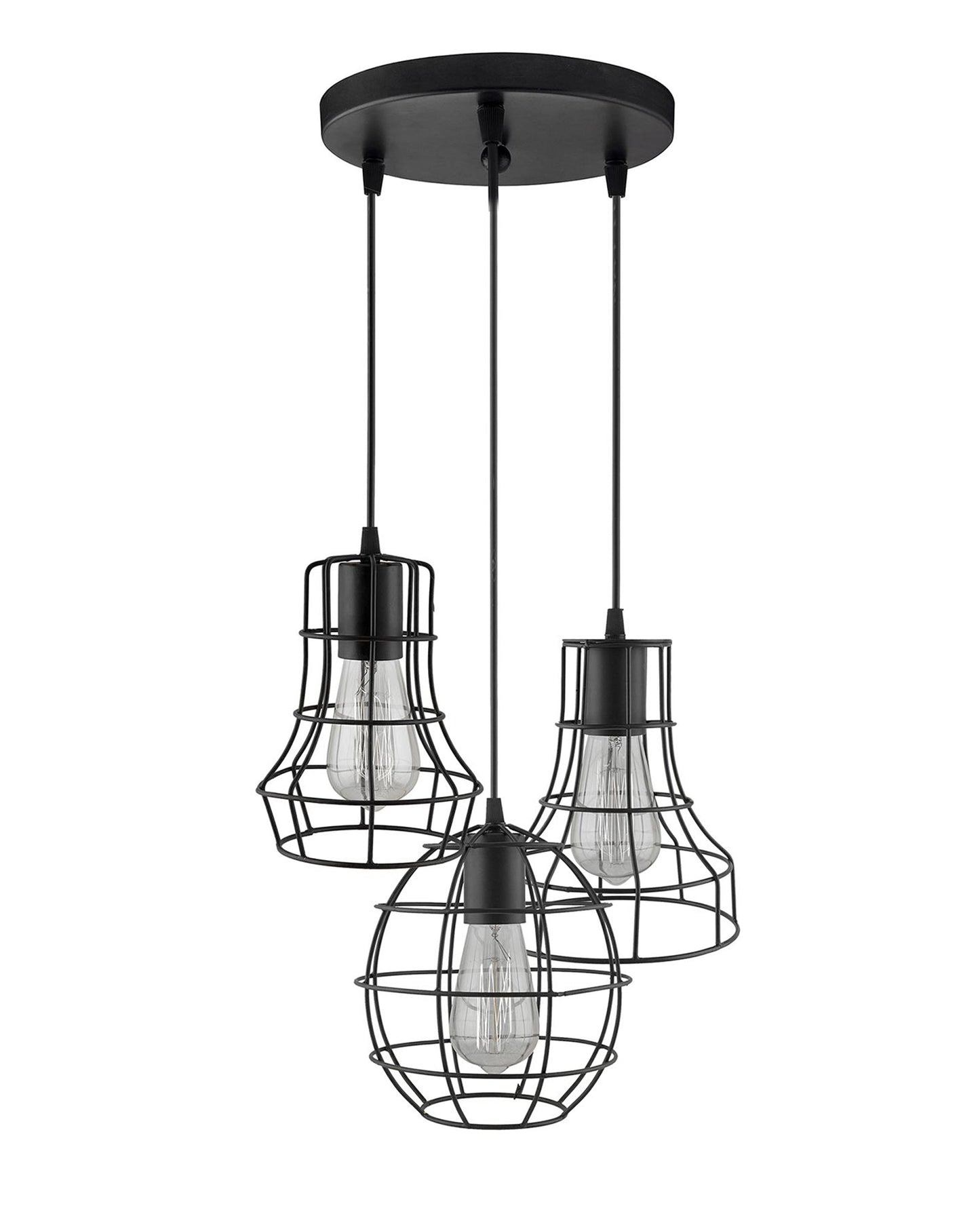 3-lights Round Cluster Chandelier Metal Hanging Pendant Light with Braided Cord, Industrial Retro modern light (Bulb not included)