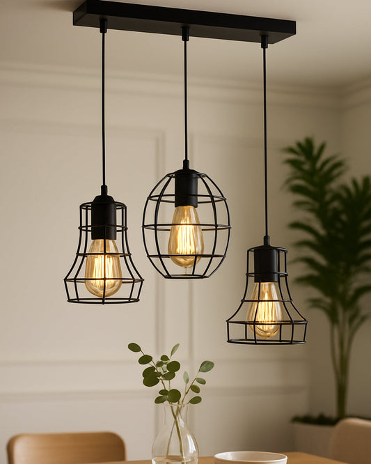 3-lights Linear Cluster Chandelier Metal hanging Pendant Light, kitchen area and dining room light