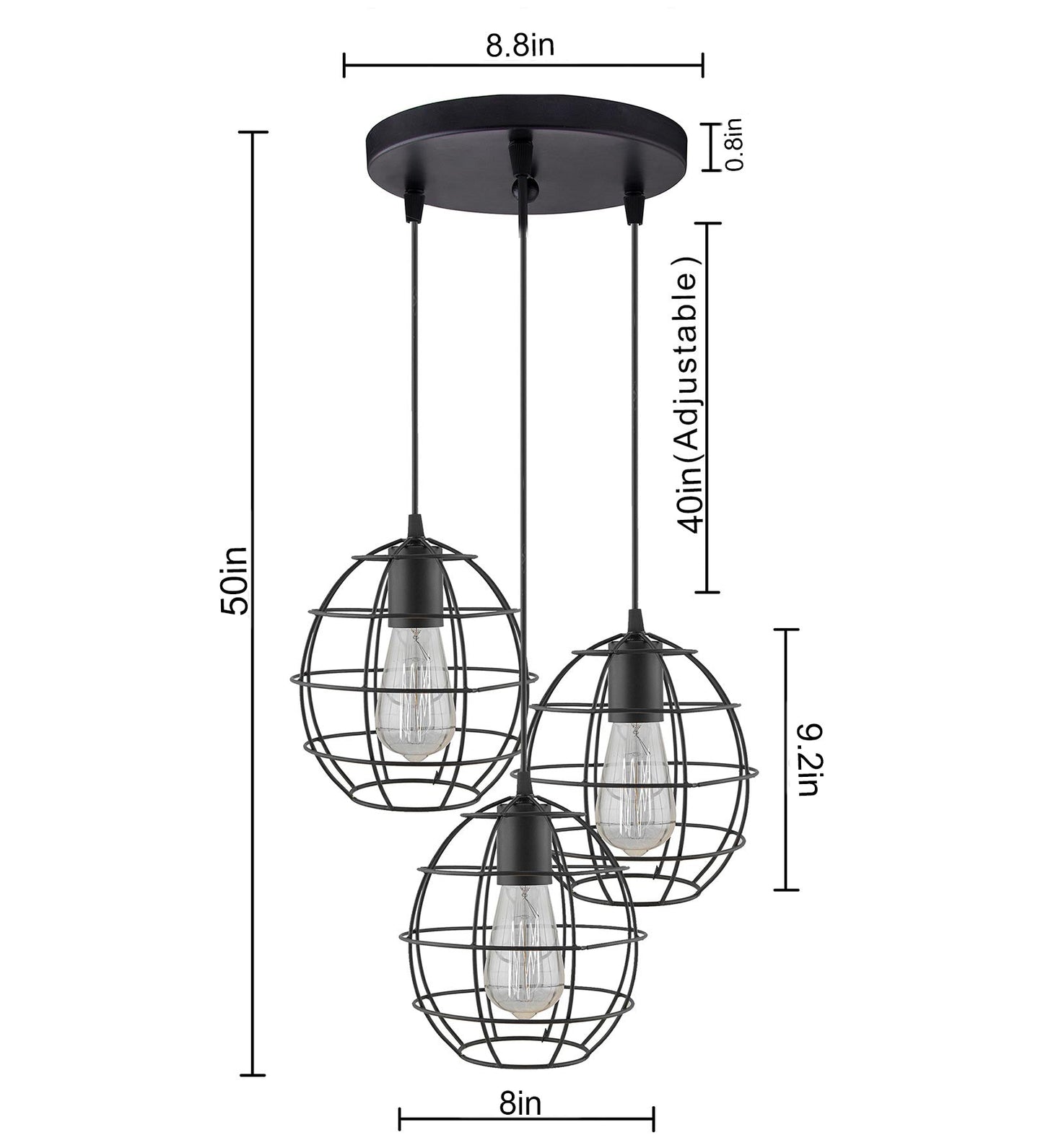 3-lights Round Cluster Chandelier Metal Hanging Pendant Light with Braided Cord, Industrial Retro modern light