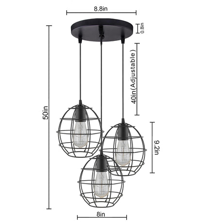 3-lights Round Cluster Chandelier Metal Hanging Pendant Light with Braided Cord, Industrial Retro modern light