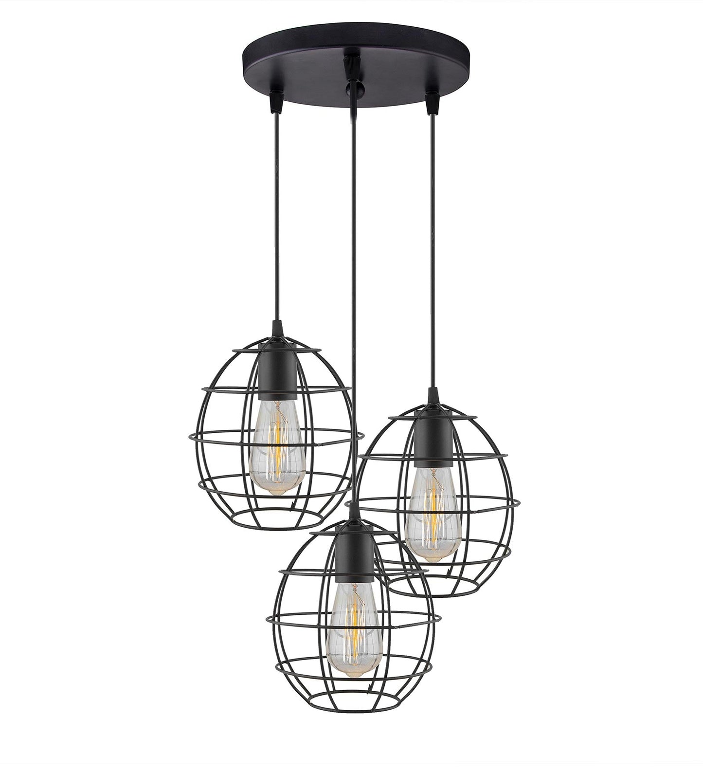 3-lights Round Cluster Chandelier Metal Hanging Pendant Light with Braided Cord, Industrial Retro modern light