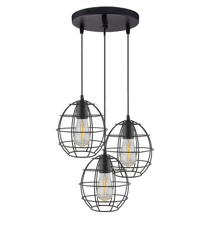 3-lights Round Cluster Chandelier Metal Hanging Pendant Light with Braided Cord, Industrial Retro modern light