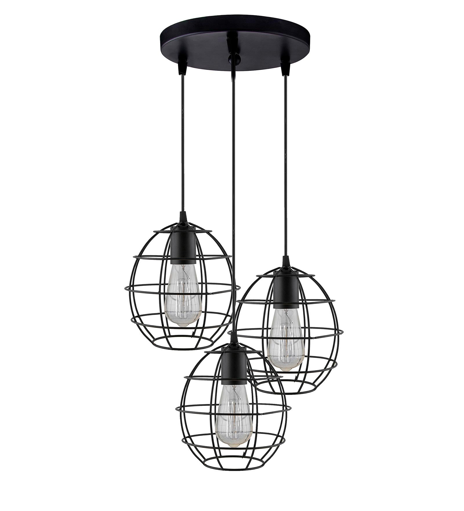 3-lights Round Cluster Chandelier Metal Hanging Pendant Light with Braided Cord, Industrial Retro modern light