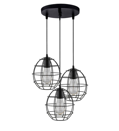 3-lights Round Cluster Chandelier Metal Hanging Pendant Light with Braided Cord, Industrial Retro modern light