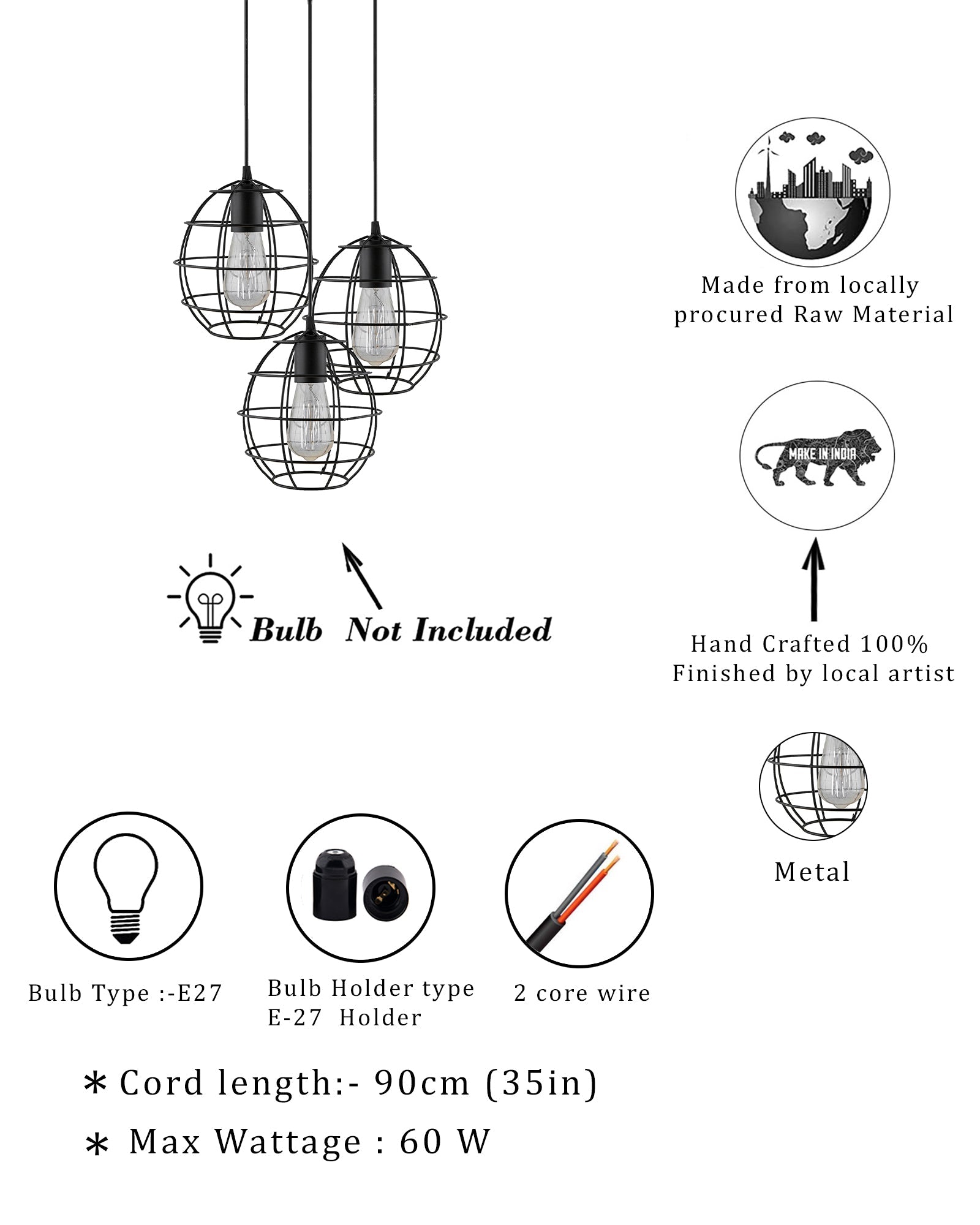 3-lights Round Cluster Chandelier Metal Hanging Pendant Light with Braided Cord, Industrial Retro modern light