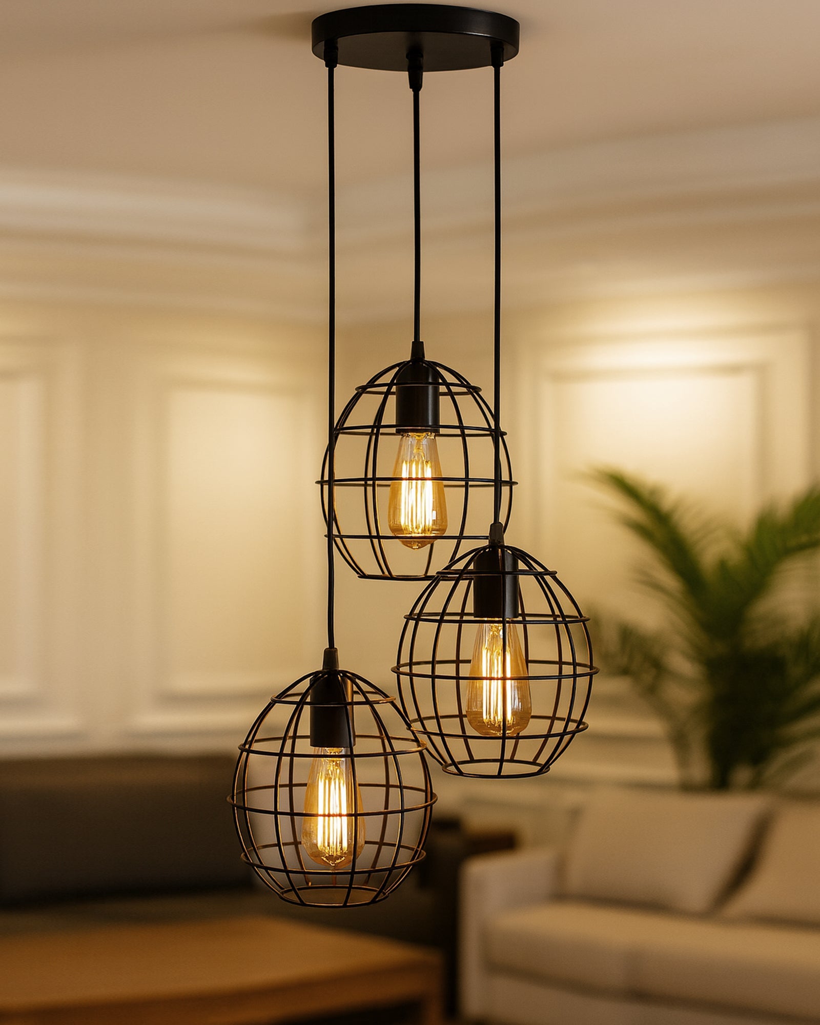 3-lights Round Cluster Chandelier Metal Hanging Pendant Light with Braided Cord, Industrial Retro modern light