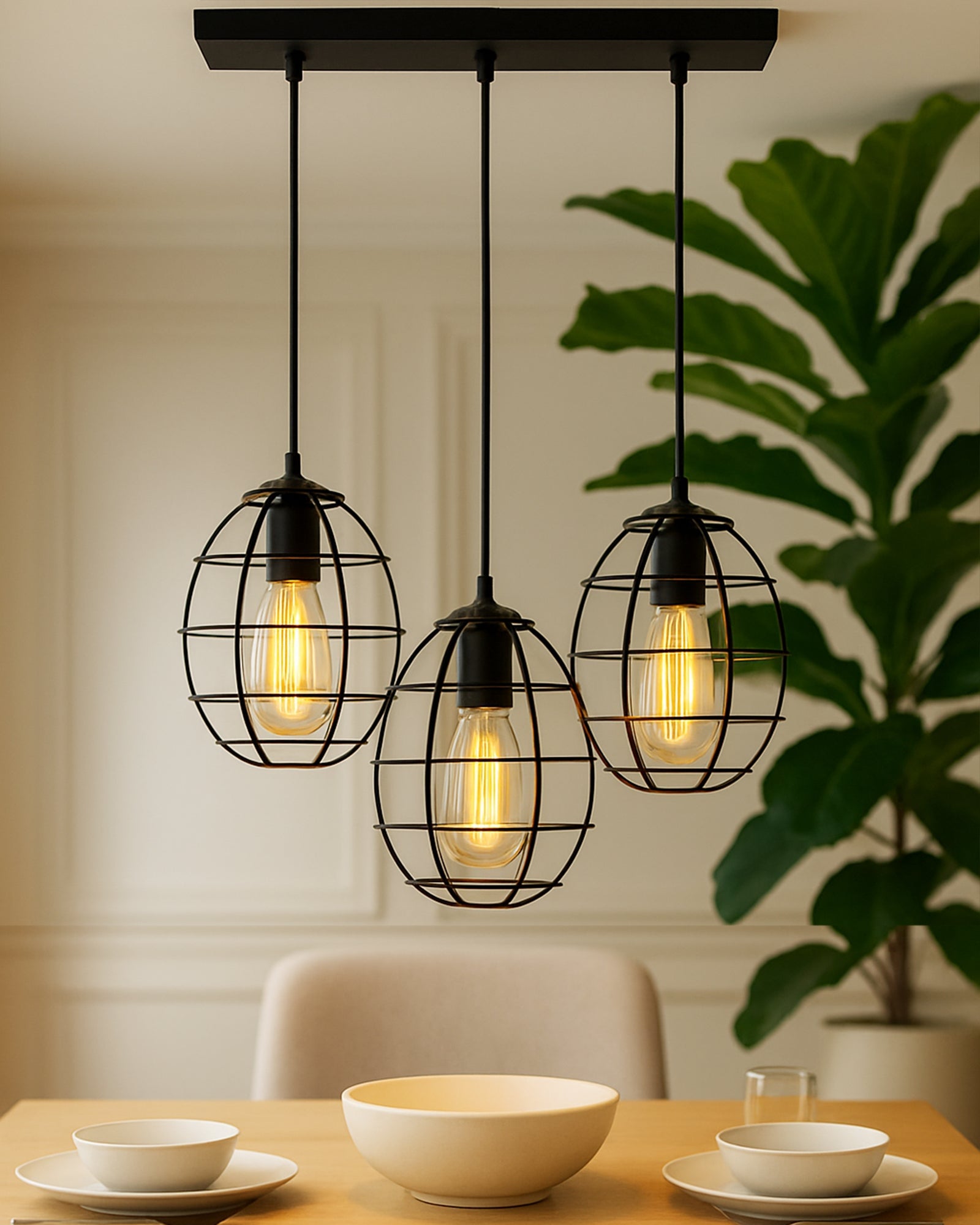 3-lights Linear Cluster Chandelier Metal hanging Pendant Light, kitchen area and dining room light