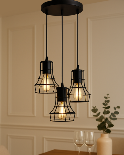 3-lights Round Cluster Chandelier Metal Hanging Pendant Light with Braided Cord, Industrial Retro modern light (Bulb not included)