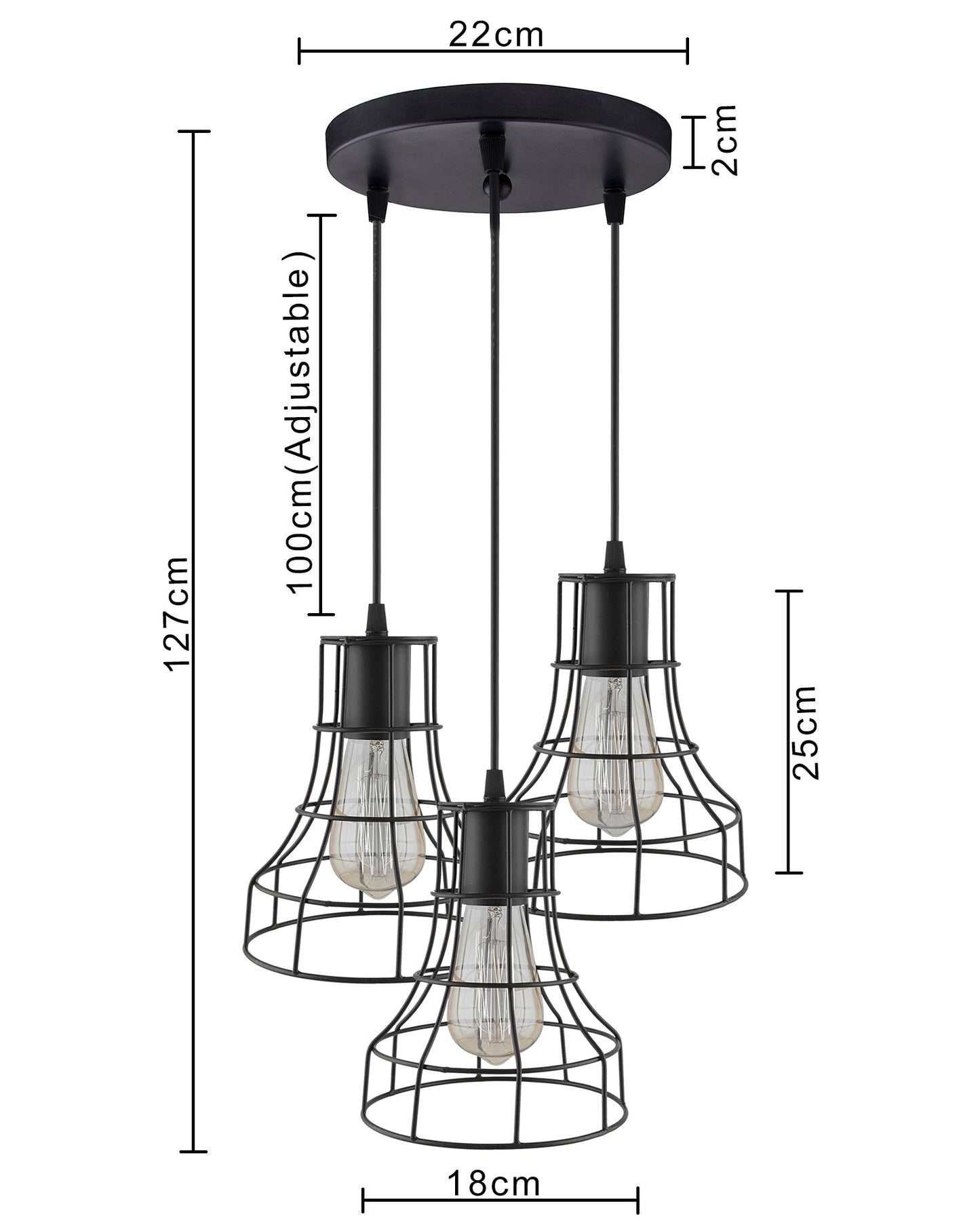 3-lights Round Cluster Chandelier Metal Hanging Pendant Light with Braided Cord, Industrial Retro modern light (Bulb not included)