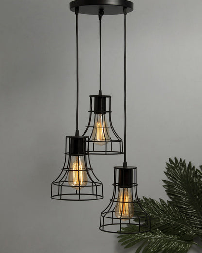 3-lights Round Cluster Chandelier Metal Hanging Pendant Light with Braided Cord, Industrial Retro modern light (Bulb not included)