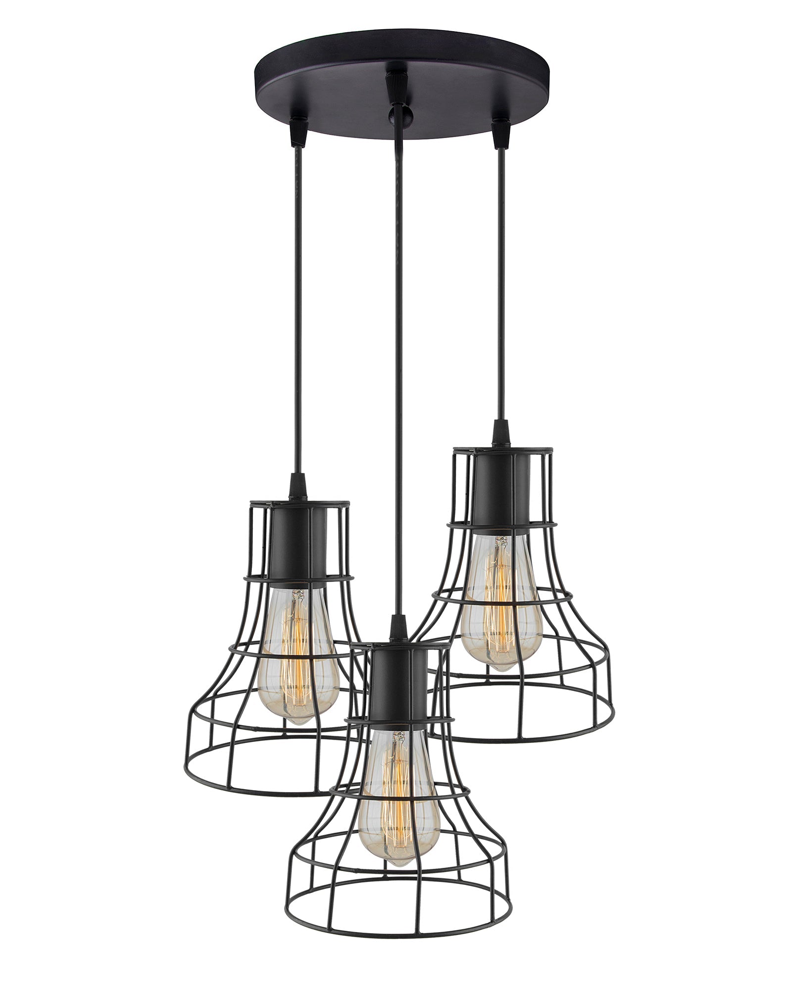 3-lights Round Cluster Chandelier Metal Hanging Pendant Light with Braided Cord, Industrial Retro modern light (Bulb not included)