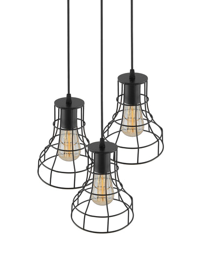 3-lights Round Cluster Chandelier Metal Hanging Pendant Light with Braided Cord, Industrial Retro modern light (Bulb not included)