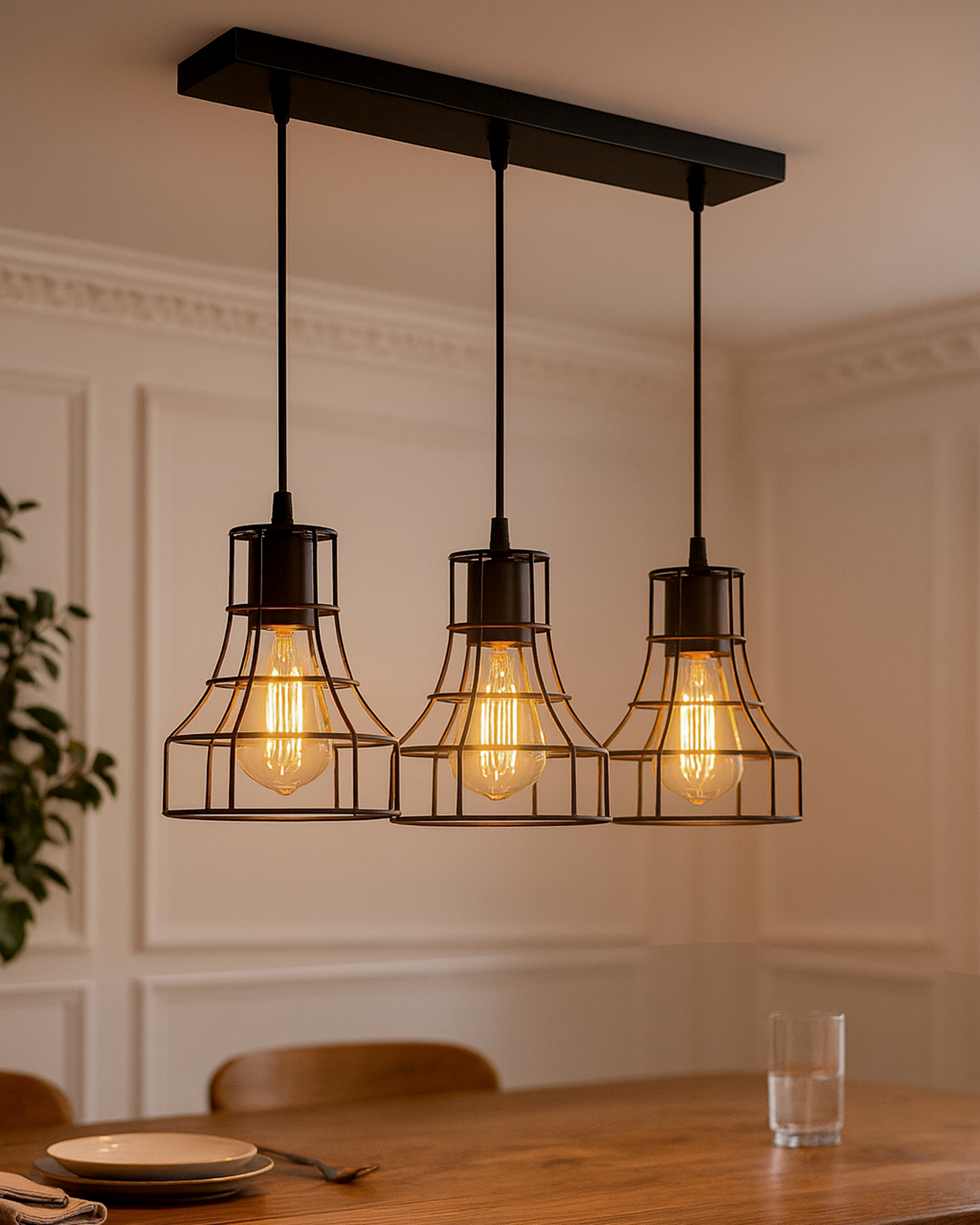 3-lights Linear Cluster Chandelier Metal hanging Pendant Light, kitchen area and dining room light