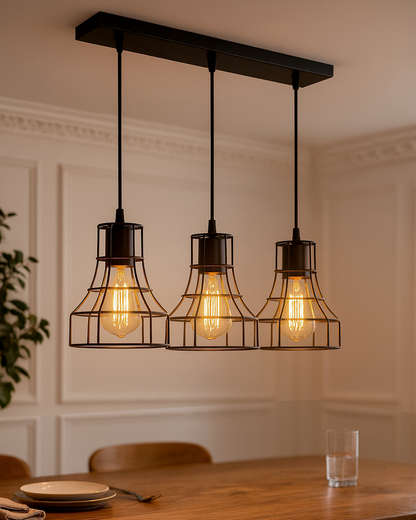 3-lights Linear Cluster Chandelier Metal hanging Pendant Light, kitchen area and dining room light