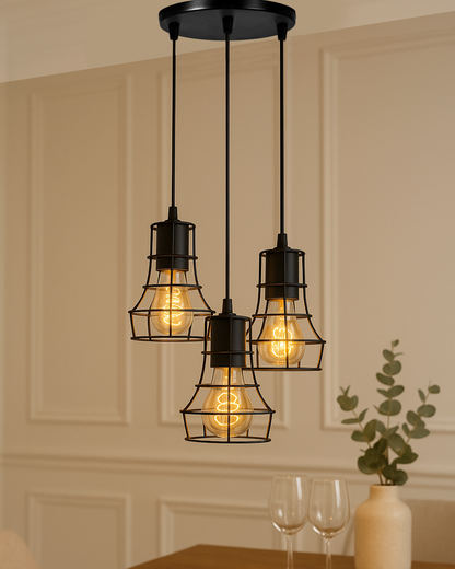 3-lights Round Cluster Chandelier Metal Hanging Pendant Light with Braided Cord, Industrial Retro modern light