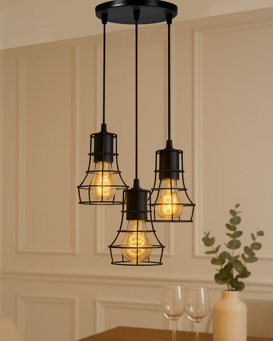 3-lights Round Cluster Chandelier Metal Hanging Pendant Light with Braided Cord, Industrial Retro modern light