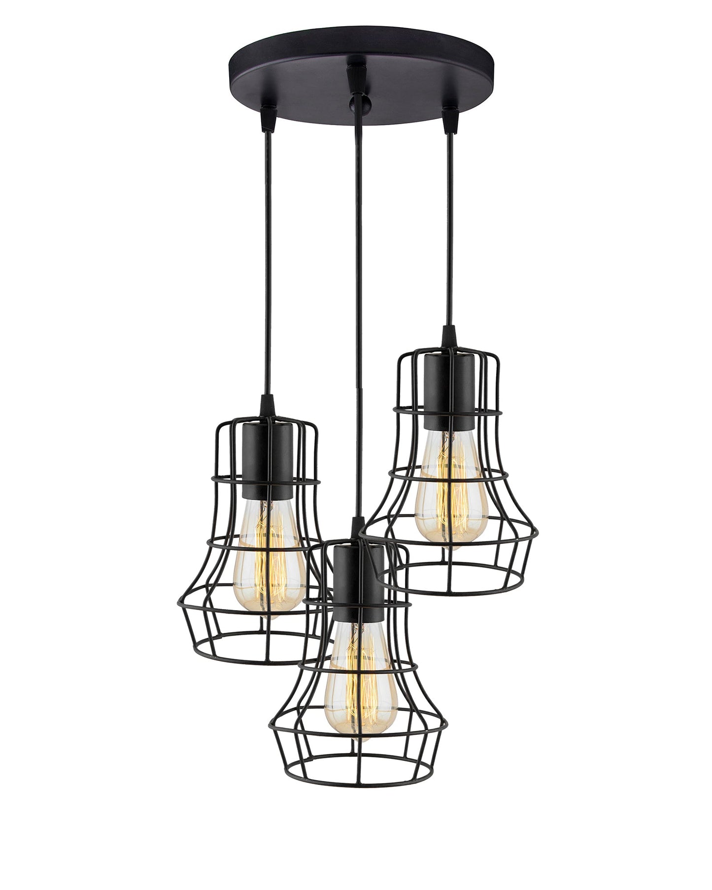 3-lights Round Cluster Chandelier Metal Hanging Pendant Light with Braided Cord, Industrial Retro modern light