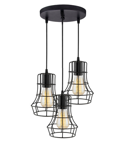 3-lights Round Cluster Chandelier Metal Hanging Pendant Light with Braided Cord, Industrial Retro modern light