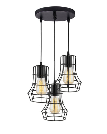 3-lights Round Cluster Chandelier Metal Hanging Pendant Light with Braided Cord, Industrial Retro modern light