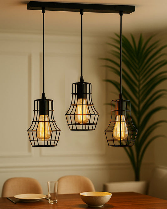 3-lights Linear Cluster Chandelier Metal hanging Pendant Light, kitchen area and dining room light