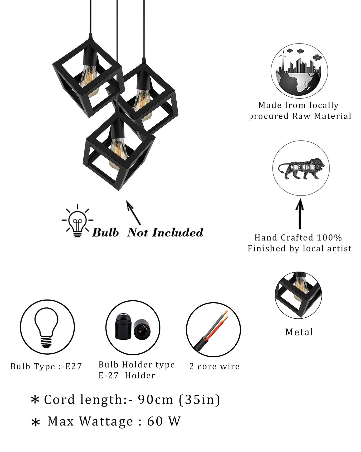 3-lights Round Cluster Chandelier Hanging Cube 6", Hanging Pendant Light with Braided Cord, URBAN Retro, nordic style, bulb not included