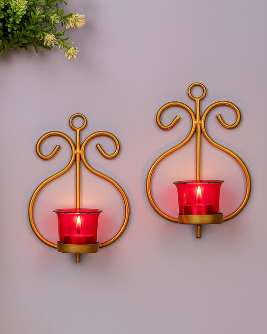 Set of 2 Decorative Golden Wall Sconce/Candle Holder With Glass and Free T-light Candles