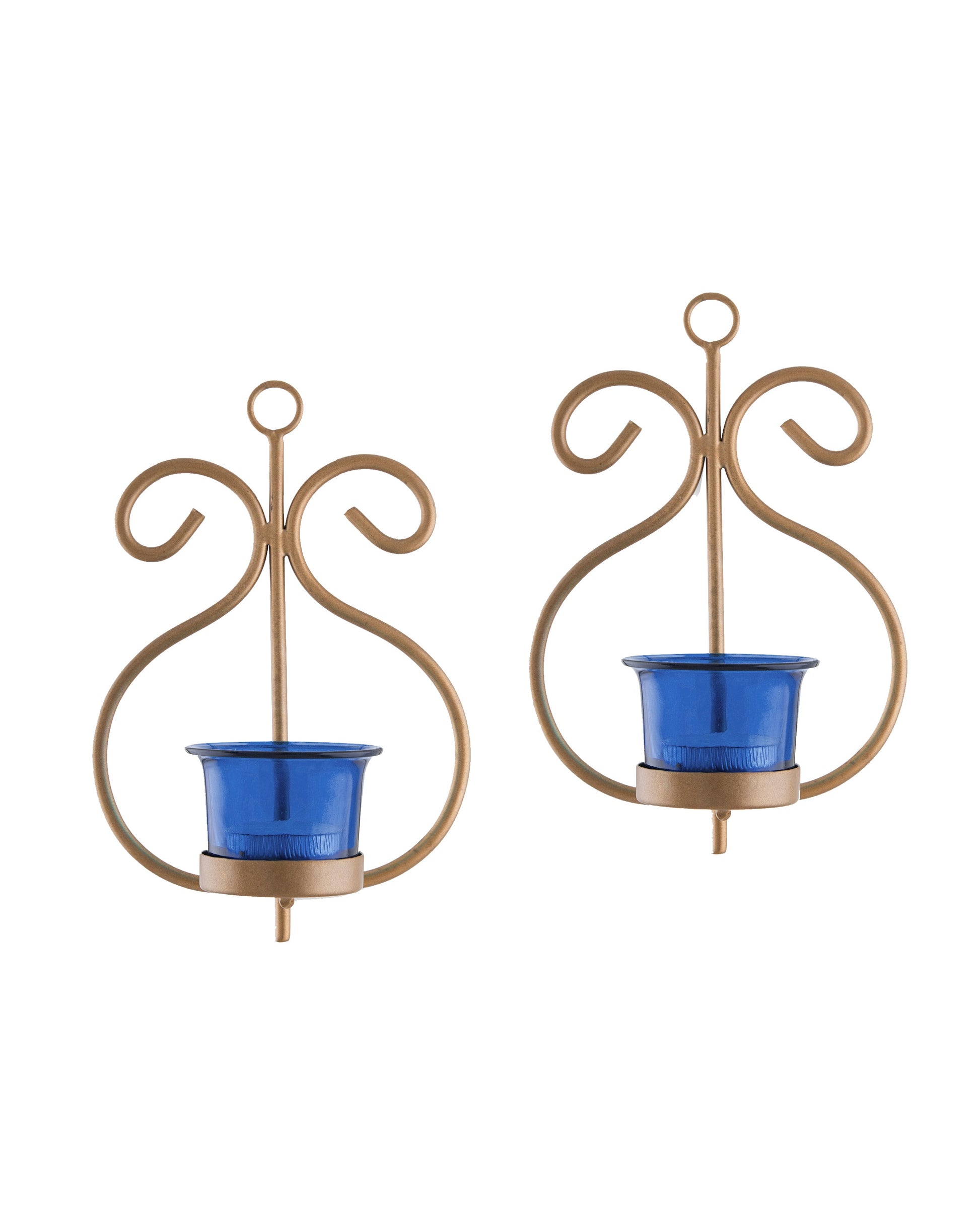 Set of 2 Decorative Golden Wall Sconce/Candle Holder With Glass and Free T-light Candles