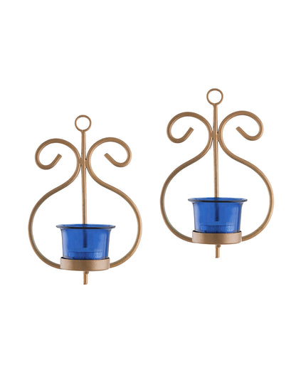 Set of 2 Decorative Golden Wall Sconce/Candle Holder With Glass and Free T-light Candles