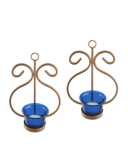 Set of 2 Decorative Golden Wall Sconce/Candle Holder With Glass and Free T-light Candles