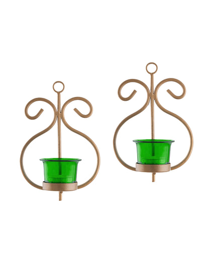 Set of 2 Decorative Golden Wall Sconce/Candle Holder With Glass and Free T-light Candles