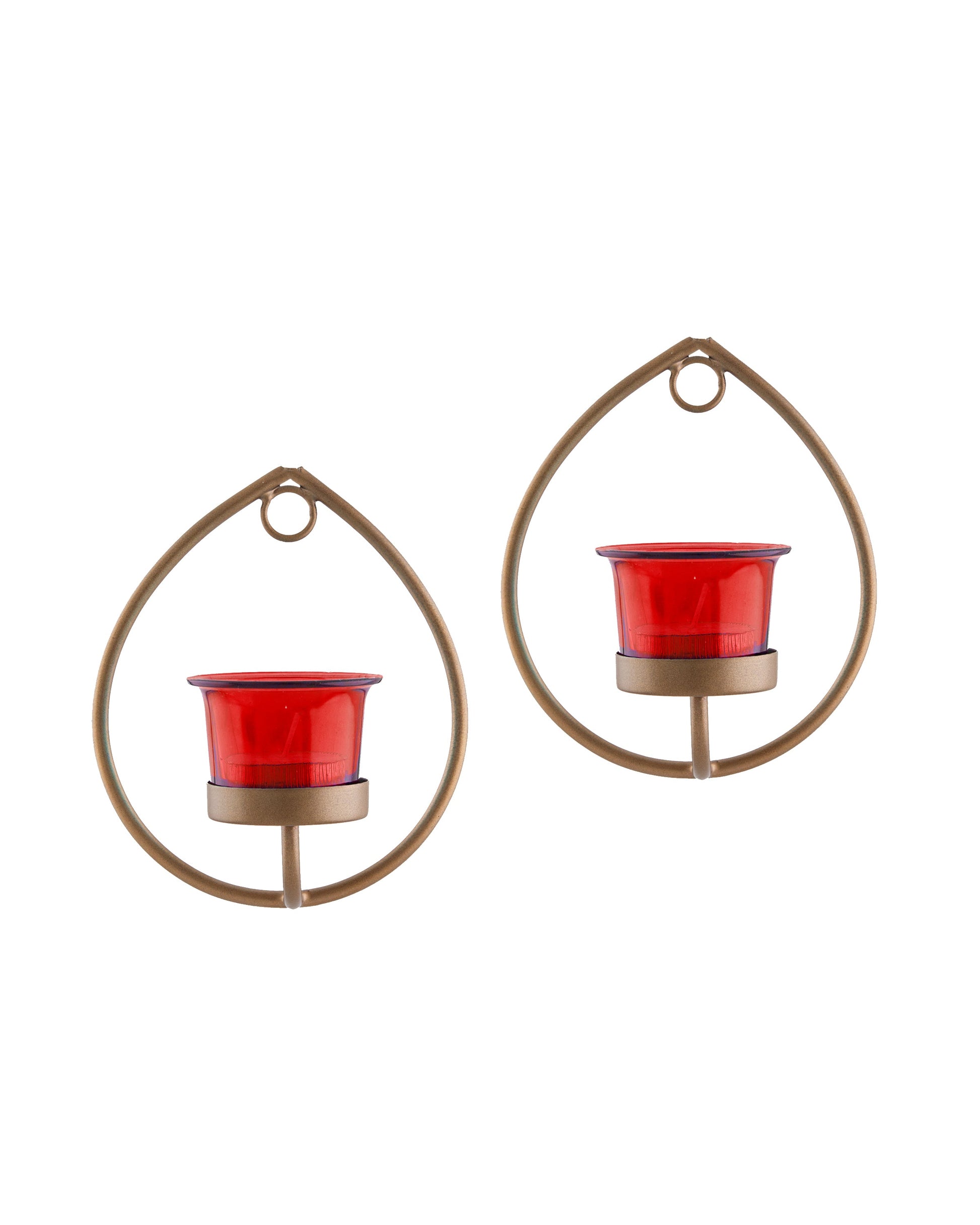 Set of 2 Decorative Golden Drop Wall Sconce/Candle Holder With Glass and Free T-light Candles