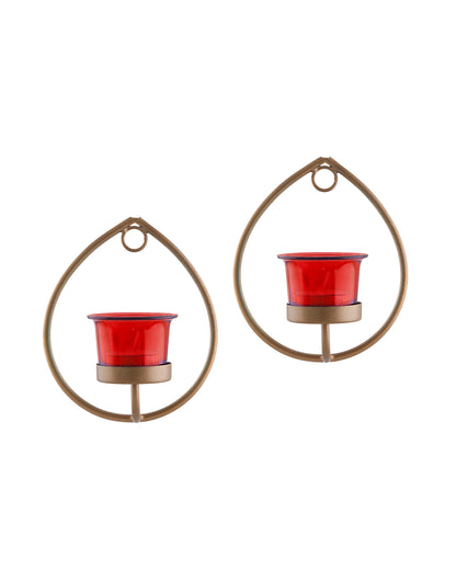 Set of 2 Decorative Golden Drop Wall Sconce/Candle Holder With Glass and Free T-light Candles