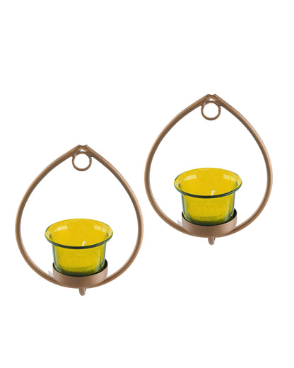 Set of 2 Decorative Golden Drop Wall Sconce/Candle Holder With Glass and Free T-light Candles