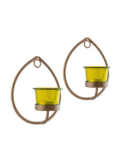 Set of 2 Decorative Golden Drop Wall Sconce/Candle Holder With Glass and Free T-light Candles