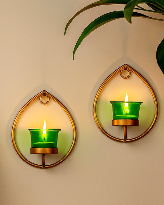 Set of 2 Decorative Golden Drop Wall Sconce/Candle Holder With Glass and Free T-light Candles