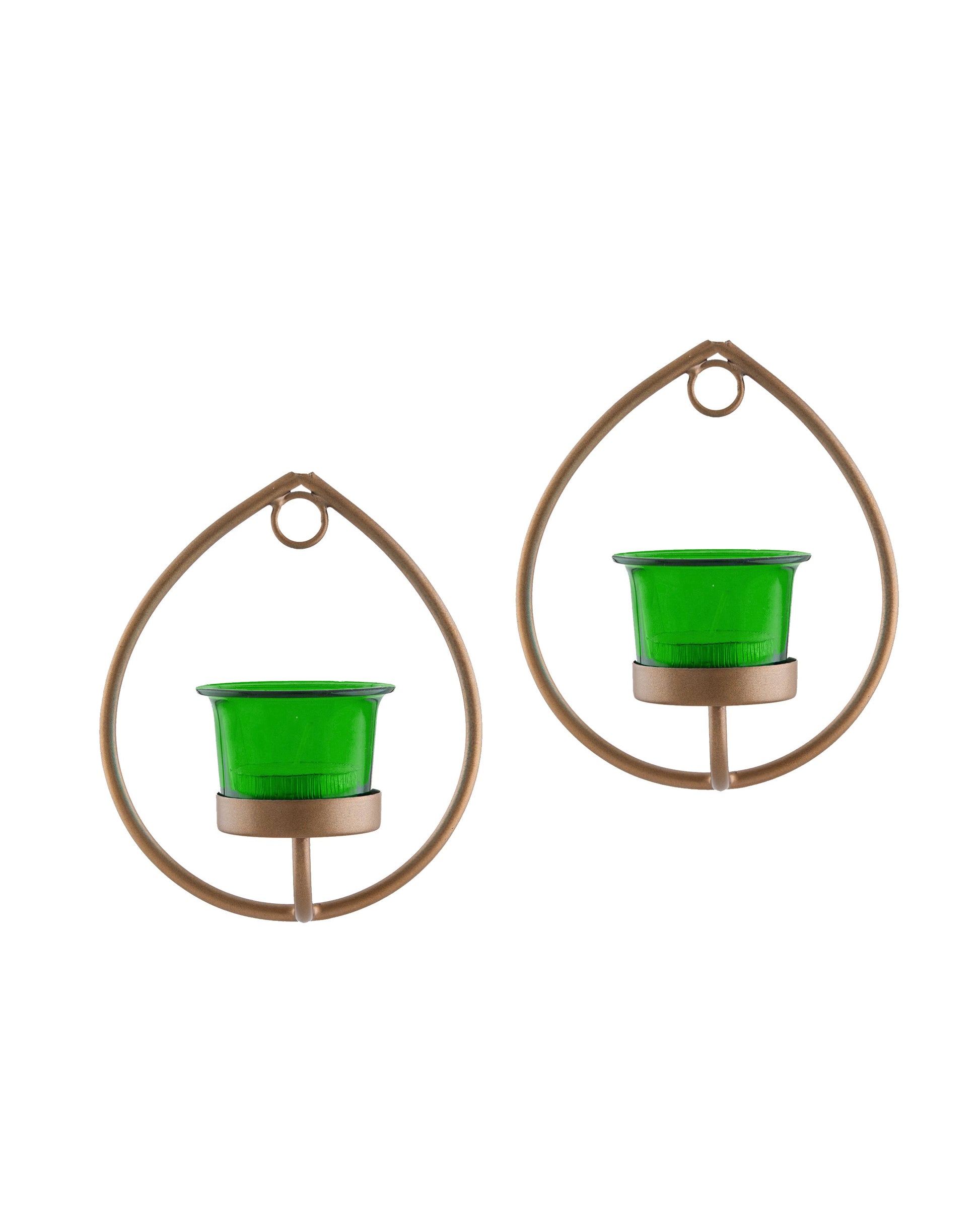 Set of 2 Decorative Golden Drop Wall Sconce/Candle Holder With Glass and Free T-light Candles