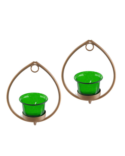 Set of 2 Decorative Golden Drop Wall Sconce/Candle Holder With Glass and Free T-light Candles
