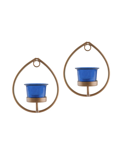 Set of 2 Decorative Golden Drop Wall Sconce/Candle Holder With Glass and Free T-light Candles