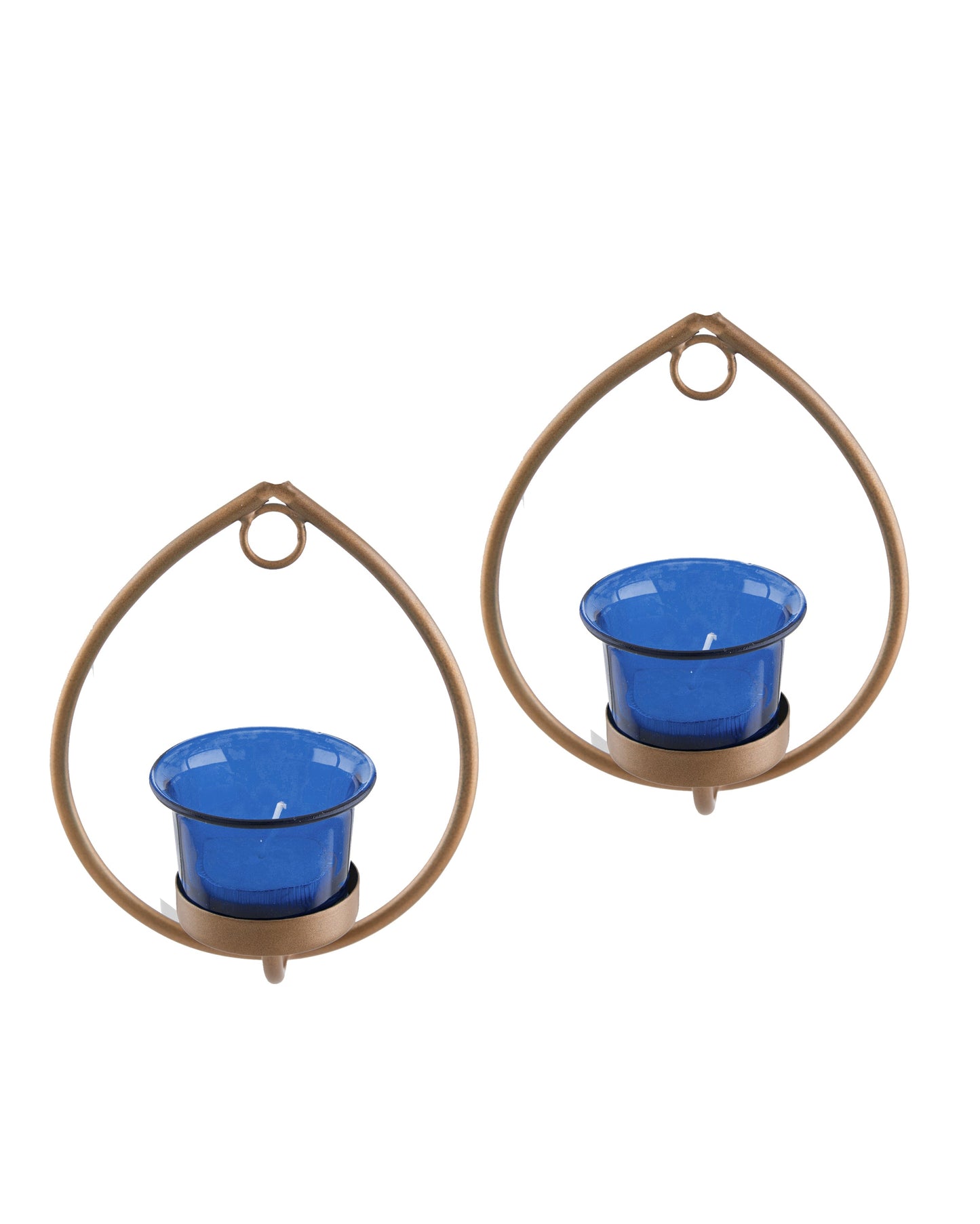 Set of 2 Decorative Golden Drop Wall Sconce/Candle Holder With Glass and Free T-light Candles