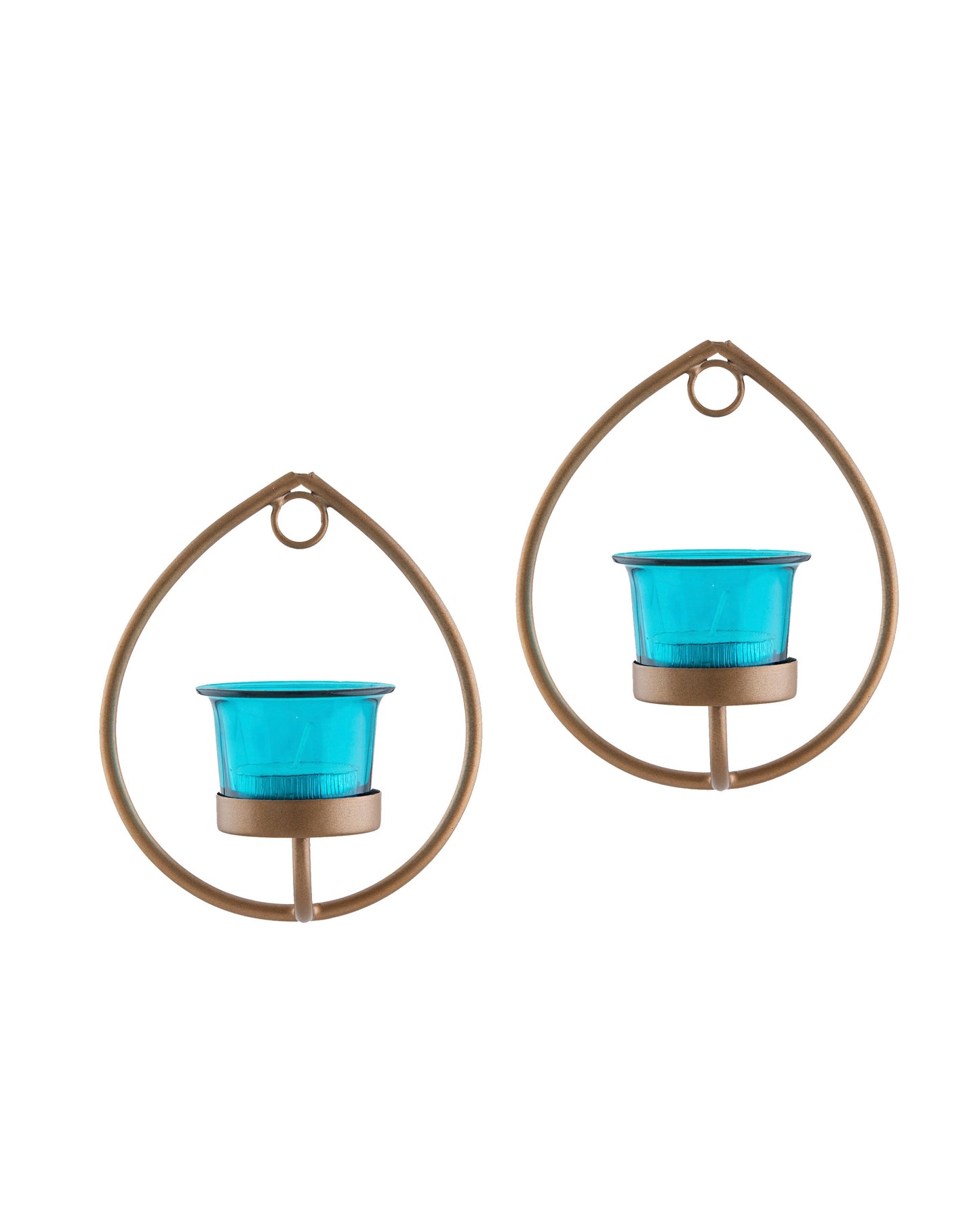 Set of 2 Decorative Golden Drop Wall Sconce/Candle Holder With Glass and Free T-light Candles